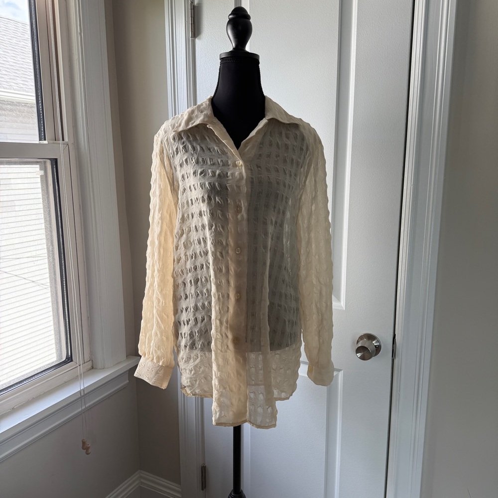 Vintage Cream Sheer long sleeve Button-Up Blouse